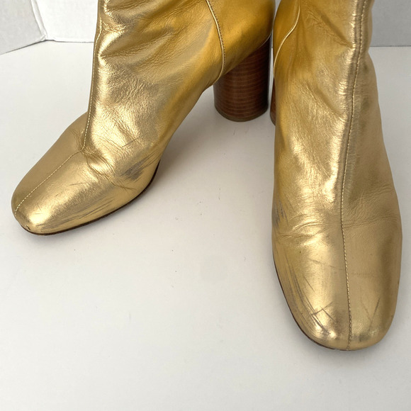 Sandro Sacha Ankle Boot Gold Leather Block Heel Round Toe Back Zip 40 9.5 - Picture 7 of 12